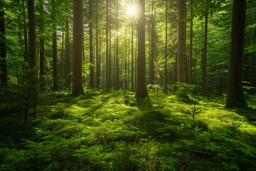 Sunlight streaming through a dense forest, illuminating the lush green undergrowth. Nature and tranquility concept. Design for wallpaper, environmental poster ,gennerlative ai
