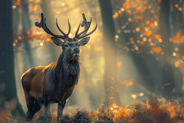 Majestic stag in a misty forest at sunrise. Wildlife and natural beauty concept. Design for wildlife poster, environmental campaign ,gennerlative ai