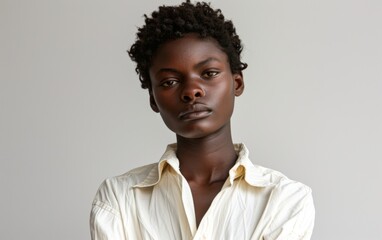 Obraz premium A woman with a white shirt and brown hair is looking at the camera. She has a serious expression on her face