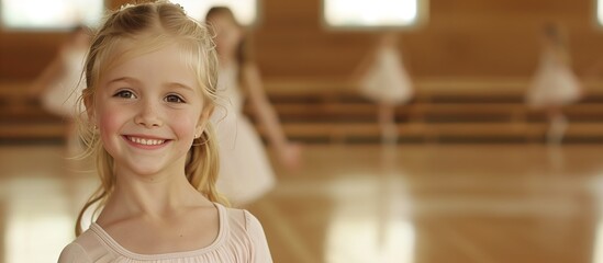Warm portrait of a joyful young ballerina smiling confidently in ballet class, with soft focus on fellow dancers in the background