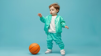 Toddler boy with a basketball, dressed in a matching aquamarine tracksuit, on a light blue background, horizontal banner with copy space  