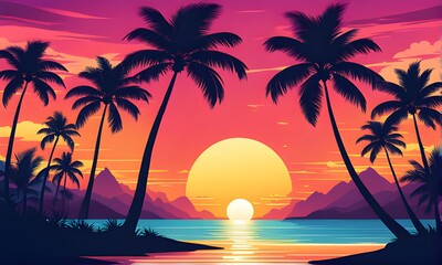 Tropical sunset with palm trees flat vector illustration. Generative AI