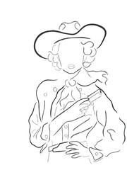 cowgirl floral art. hand drawn continuous line texan art for posters or postcards. printable cowboy ranch doodle.Hand drawn line art vector of girls in the farm. American wild west farms and cowboy 