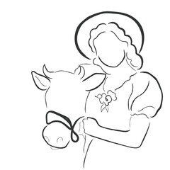 cowgirl floral art. hand drawn continuous line texan art for posters or postcards. printable cowboy ranch doodle.Hand drawn line art vector of girls in the farm. American wild west farms and cowboy 