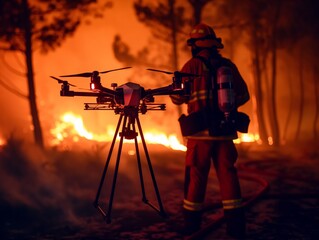A firefighter is standing in front of a drone that is flying over a forest fire. The drone is equipped with a camera and is being used to monitor the fire. The scene is tense and serious