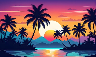 Tropical sunset with palm trees flat vector illustration. Generative AI