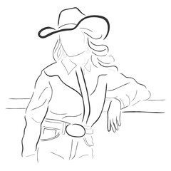 Hand drawn line art vector of Cowgirls with cowboy hats. American rodeo and wild west culture. Brave independent women as cowgirls concept.