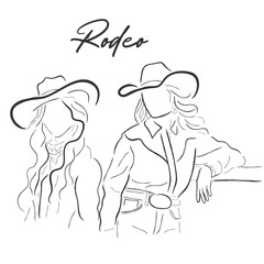 Hand drawn line art vector of Cowgirls with cowboy hats. American rodeo and wild west culture. Brave independent women as cowgirls concept.
