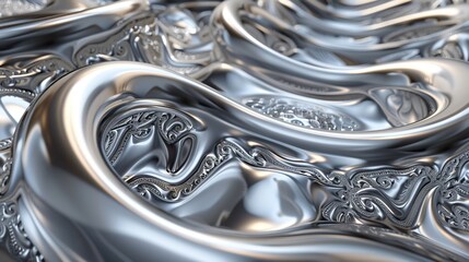 A closeup of an intricate silver metallic surface with ornate patterns