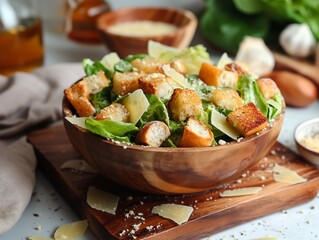 A bowl of salad with croutons and cheese. The bowl is on a wooden table. The salad is colorful and...
