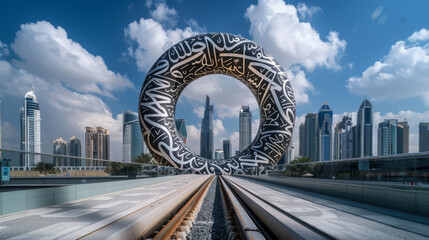 A giant ring-shaped sculpture with Arabic calligraphy stands in the middle of Dubai's cityscape....