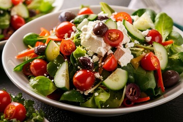 Happy and colorful salad with greens, vegetables, feta cheese
