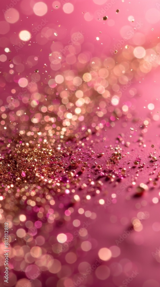 Poster a pink background with glittery particles scattered all over it. the glittery particles are of diffe