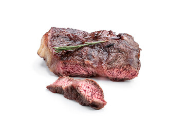 Fried beef steak with herbs isolated on white