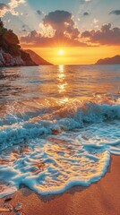 A beautiful sunset over the ocean with a large wave in the foreground. The sun is setting behind the wave, creating a warm and peaceful atmosphere