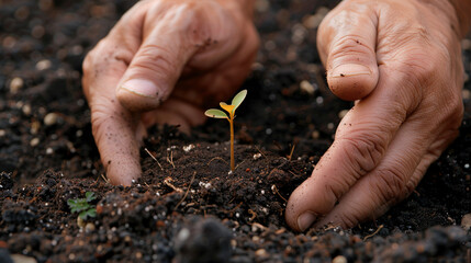 Rebirth: Hands Cradle Sprouting Seed Amidst Earth's Renewal