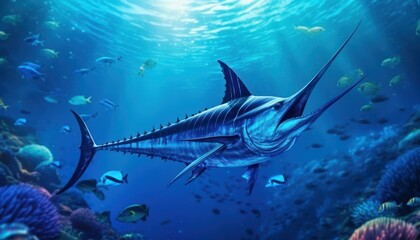 Giant Marlin fish in the ocean, beautiful view of marlin fish in the blue ocean