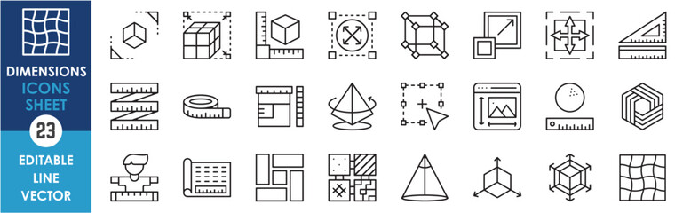 A set of linear icons related to area and dimension. Outline icons with geometric dimensions.