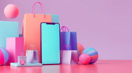 3D smartphone with Concept online shopping and pastel-colored on a pink background.