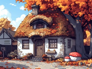 A house with a thatched roof and a mushroom on the front porch. The house is surrounded by leaves and the sky is blue
