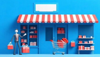 Stick man and store front with gift box and shopping cart in blue composition ,franchise business concept