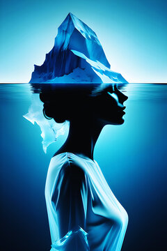 double exposure woman and iceberg, subconscious concept
