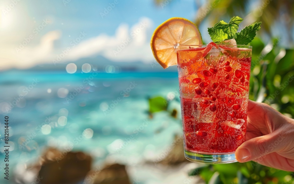 Poster a person is holding a glass of a red drink with a slice of lemon in it. the image has a relaxed and 