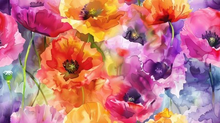 Brightly colored poppies in a loose watercolor style, bursting with energy seamless pattern