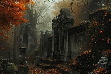 Crumbling Ancient graveyard. Creepy horror tomb. Generate Ai