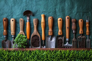 Gardening equipment organized neatly on a shelf above a line of fresh green shrubs
