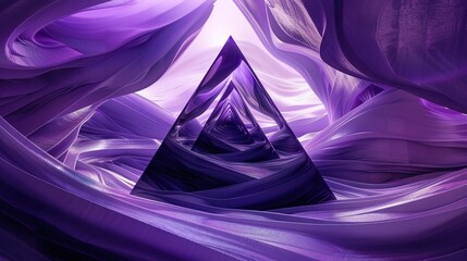 A vivid purple abstract digital art piece featuring swirling shapes and a central triangular...