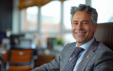 Obraz premium A man in a suit and tie is smiling and sitting in a chair. He looks happy and confident