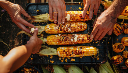 of a festive summer corn roast, with hands reaching in to grab freshly buttered corn on the cob, a...