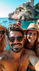 Fototapeta premium A man and three women are posing for a picture on a beach. The man is wearing sunglasses and a hat, while the women are wearing hats and smiling. Scene is lighthearted and fun