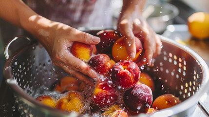 female hands preparing fresh plums in the kitchen