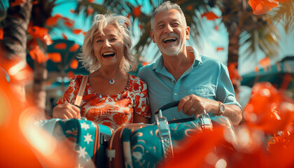 featuring an older couple unpacking their suitcases upon arriving at a luxurious tropical resort, their faces alight with joy and anticipation, tropical locations, People, bags, Su