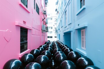 Contrast in Urban Space: Pink and Light Blue Buildings Framing Squeezed Black Balloons