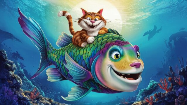 A cheerful cat swims on a fish