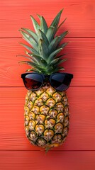 A pineapple wearing sunglasses is placed on a red background. The image conveys a fun and playful mood, as the pineapple is dressed up like a person wearing sunglasses