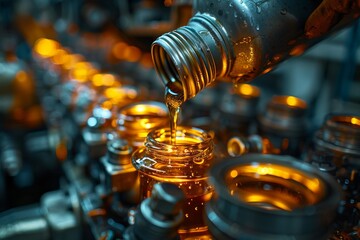 Macro shot showing the precise bottling of golden oil in a manufacturing setting, showcasing industry and automation