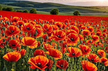 A field of red poppies with a bright sun shining on them