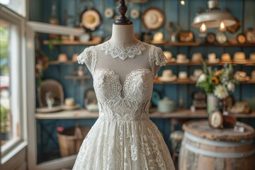 Luxuriously detailed white lace bridal gown displayed on a mannequin in a vintage-style boutique setting