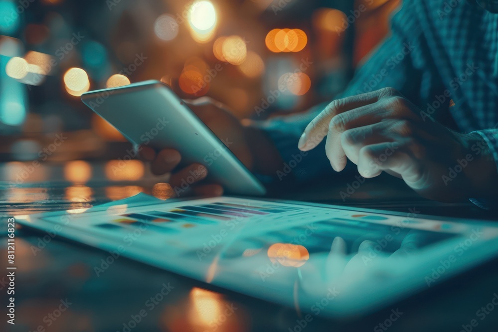 Poster businessman using tablet computer with augmented reality graphics analyzing financial data.
