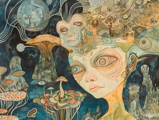 Fototapeta premium Introspective Fantasy Entity in a Surreal Dreamscape of Floating Islands and Celestial Motifs