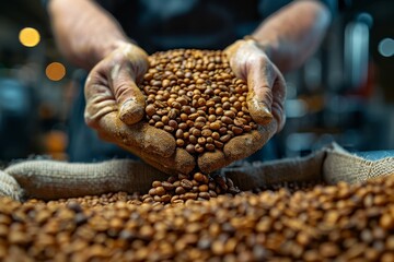 Fototapeta premium An artisan pouring a cascade of roasted coffee beans, highlighting the transition from raw to a ready state for grinding