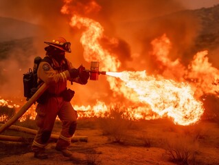 A firefighter is spraying water on a fire. The fire is orange and the flames are high. The firefighter is wearing a yellow jacket and a helmet