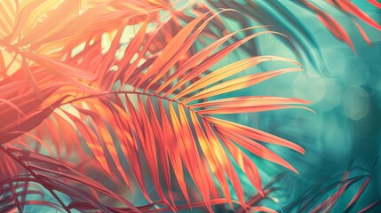Closeup of bright palm leaves with a tropical vibe. - obrazy, fototapety, plakaty