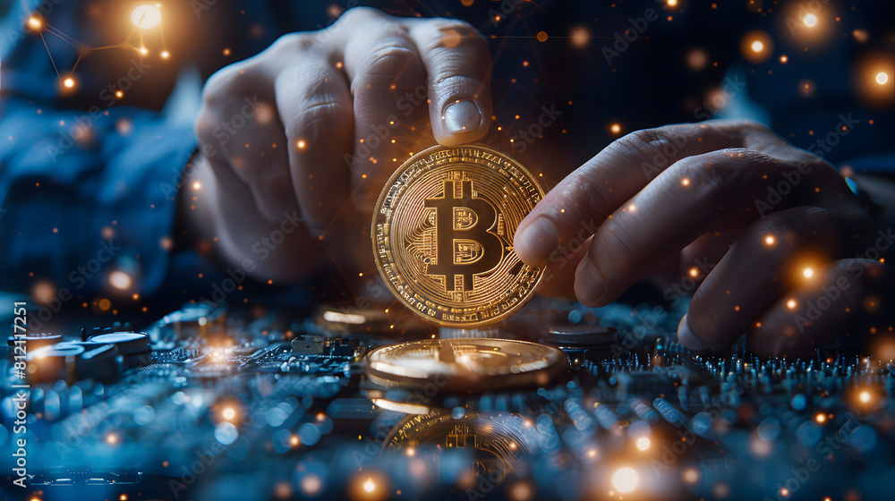Aufkleber cryptocurrency mining concept. bitcoin on computer motherboard. cryptocurrency mining concept.
