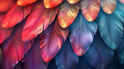 Colorful feathers with vibrant colors of red, orange, yellow, green, blue, and purple.