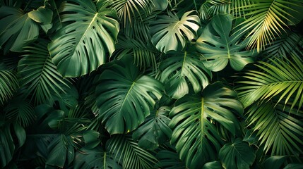 The image shows a lush green tropical leaf background with monstera leaves.